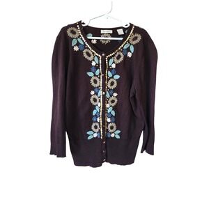 Halogen Brown 100% Pima Cotton Floral Embroidered Cardigan Sweater Women S